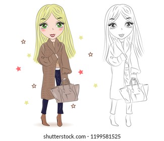 Set of hand drawn beautiful cute fashion girls on white background. Cartoon fashionable girls. Cartoon character. Coloring book pages for kids. Outline for coloring page cartoon vector