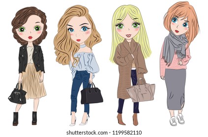 Set of hand drawn beautiful cute fashion girls on white background. Cartoon fashionable girls. Cartoon character. Vector illustration.