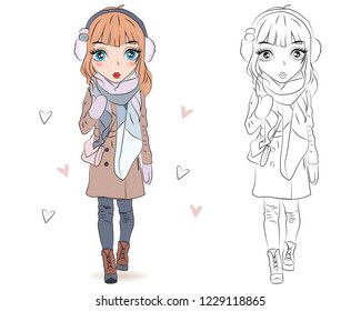 Set of hand drawn beautiful cute winter fashion girls on white background. Cartoon fashionable girls. Cartoon character. Coloring book pages for kids. Outline for coloring page cartoon vector