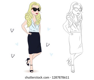 Set of hand drawn beautiful cute fashion business girls on white background. Cartoon fashionable girls. Cartoon character. Coloring book pages for kids. Outline for coloring page cartoon vector 