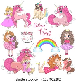 Set with hand drawn beautiful cute little princess girls and unicorns. Vector illustration.