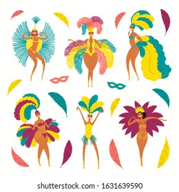 Set of hand drawn beautiful dancing girls in bright costumes. Vector illustration. Isolated objects on white background. Flat style design. Element for carnival poster, flyer, banner.