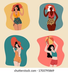 Set of hand drawn beautiful ladies. Women posing in colored swimsuits. Young Women Enjoying Summer on the beach. Sunbathing. Cartoon style. Flat design.