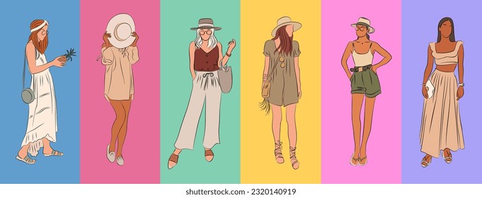 Set of Hand drawn beautiful ladies. Young Women in modern boho style summer beach clothes. Pretty girls Colored Vector illustrations isolated on bright background. Outline Cartoon style. Flat design