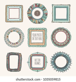 Set of hand drawn beautiful photoframes isolated on white background. Scrapbook concept. Doodle vector illustration.