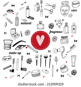 The set of hand drawn beauty and wellness items. Vector background for your design. Info graphic.