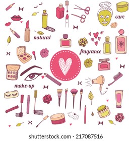 The set of hand drawn beauty and wellness items. Vector background for your design.