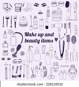 The set of hand drawn beauty and wellness items. Vector background for your design.