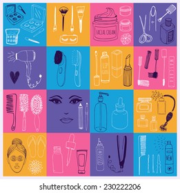 The set of hand drawn beauty and wellness items. Vector background for your design.