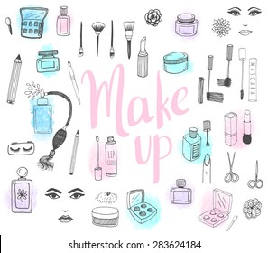 The set of hand drawn beauty and wellness items. Vector background for your design.