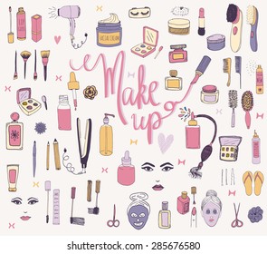 The set of hand drawn beauty and wellness items. Vector objects for your design with custom lettering. Collection of make up and cosmetics.