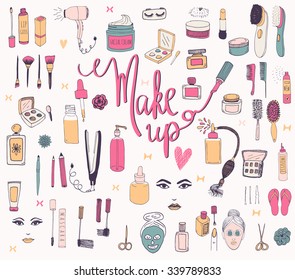 The set of hand drawn beauty and wellness items. Vector background for your design.