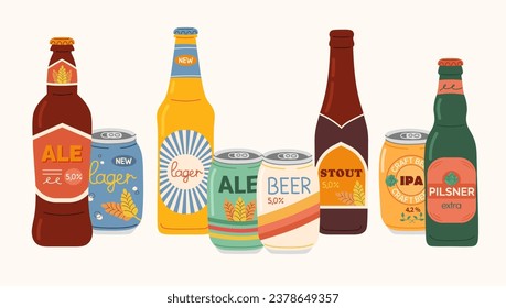 Set of hand drawn beer in aluminum cans and glass bottles. Different beer types with colored labels. Design elements for menu restaurant, bar, pub.