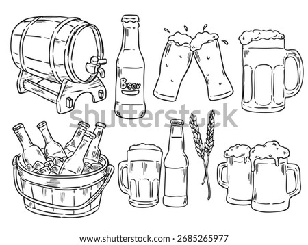 Set of hand drawn beer bottle, mug and barrel outline drawing doodle illustration