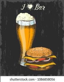 Set with hand drawn beer and burger. Hand made lettering "I love Beer". Sketch. Oktoberfest objects. Can be used for menu, banner, flyer. 