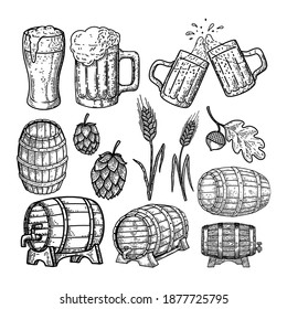 Set of hand drawn beer design elements. Design element for logo, label, sign, poster. Vector illustration