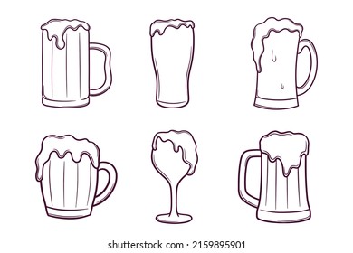 set of hand drawn beer glasses doodle illustration