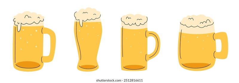 Conjunto de copos de cerveja desenhados à mão com espuma. Bebida de rabiscar. Estilo minimalista de desenho animado. Perfeito para Oktoberfest, projetos de bar, menus, eventos de cerveja e projetos festivos.