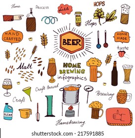 The set of hand drawn beer info graphics for your design. Home brewing, crafted beer. Colorful vector illustration. 