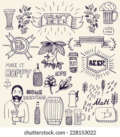 デザイン用の手描きのビール情報グラフィックのセット 家庭醸造 精製ビール 白黒のベクターイラスト のベクター画像素材 ロイヤリティフリー