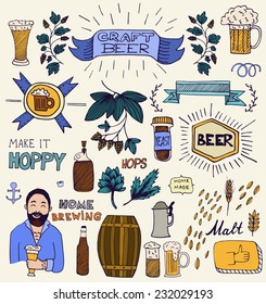 The set of hand drawn beer info graphics for your design. Home brewing, crafted beer. Black and white vector illustration. 
