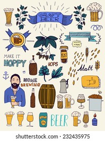 The set of hand drawn beer info graphics for your design. Home brewing, crafted beer. Black and white vector illustration. 