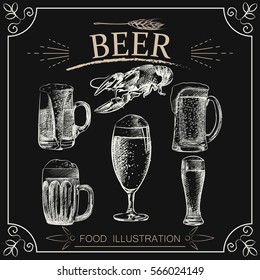 Set of hand drawn beer isolated on chalkboard. Beer sketch elements. Retro hand-drawn vector illustration. Great for poster, banner, voucher, coupon.