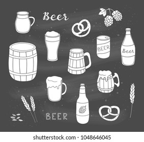 Set of hand drawn beer in mug, bottle, can and wooden keg isolated on the blackboard.