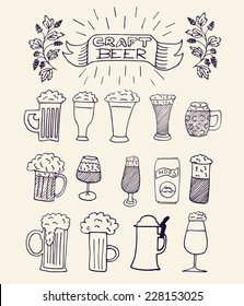 The set of hand drawn beer mugs for your design. Home brewing, crafted beer. Doodles. Black and white vector illustration. 