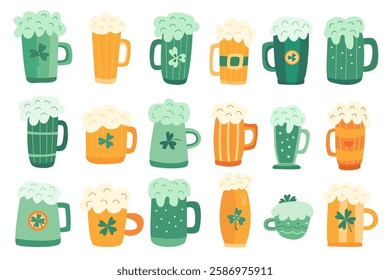 Set of hand drawn beer mugs and glasses with frothy foam, shamrocks, and festive designs for St. Patrick's Day. Perfect for party decorations, invitations, greeting cards, prints, and digital designs