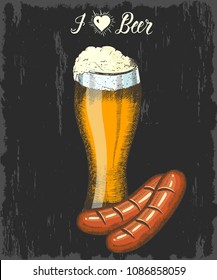 Set with hand drawn beer and sausage. Hand made lettering "I love Beer". Sketch. Oktoberfest objects. Can be used for menu, banner, flyer. 