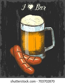 Set with hand drawn beer and sausage. Hand made lettering. Sketch. Oktoberfest objects for menu, poster, banner, flyer, brochure, web, advertising 