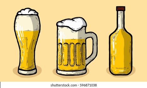 Set of hand drawn beer vector illustration. Beer in glasses and Bottle