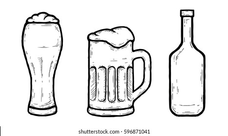 Set of hand drawn beer vector illustration. Beer in glasses and Bottle