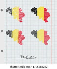 Set of hand drawn Belgium map with the flag.