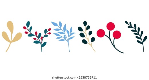 Set of hand drawn berries and foliage twigs vector clip art, colorful floral clipart