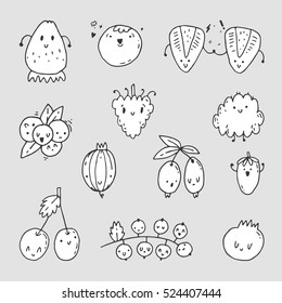 set of hand drawn berry doodles, various berries with cute face expressions
