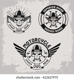 Set of the hand drawn biker labels in vector. Motor sport labels.