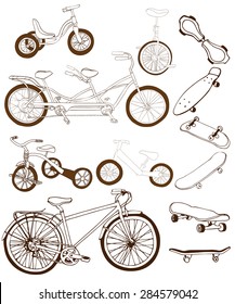 Set With Hand Drawn Bikes, Tandem Bike, Mono Bike, Run-bike, Tricycle, Skateboards On White Background. Vector Illustration