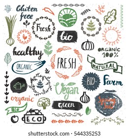 Set of hand drawn bio, organic, eco product logos, badges, tags. Handwritten healthy eat logotypes set. Vegan, natural food and drink signs. Farm market, store icons collection. 