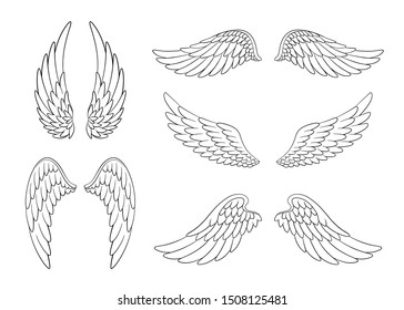 Набор нарисованных вручную крыльев птицы или ангела различной формы в открытом положении. Набор контурных крыльев каракули