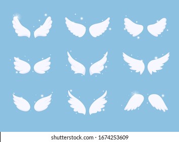 Set of hand drawn bird or angel wings  with light effect. Different shape in open position.