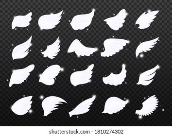 Set of hand drawn bird or angel wings with light effect. Different shape in open position.