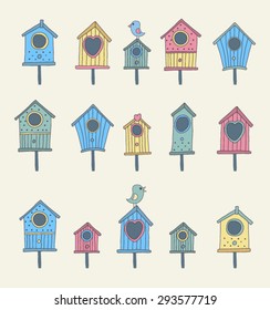 A set of hand drawn bird houses
