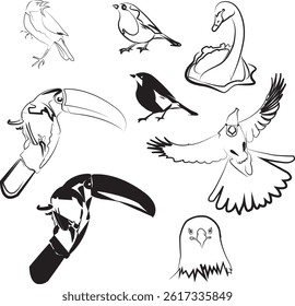 Set of Hand Drawn Bird Line Art Vector Illustrations – Minimal Outline Style Collection for Logos, Coloring Books, Tattoos, Wall Art, Posters, and Design Projects