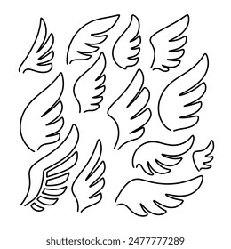 Set of hand drawn bird wings. Doodle style bird wings. Vector illustration