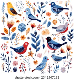 Set of hand drawn birds and flowers in the traditional ethnic folklore style. Bright birds, plants and flowers collection