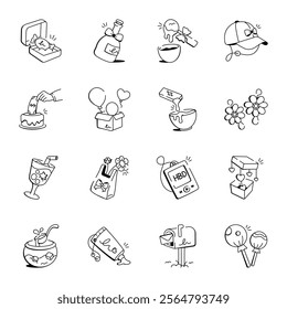 Set of Hand Drawn Birthday Accessories Icons 
