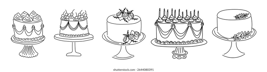 Set of hand drawn birthday cakes. Vintage cake illustrations with candles, floral decor and whipped cream. Perfect for coloring pages, baking blogs, party printables.Vector illustration