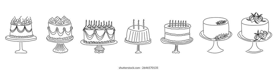 Set of hand drawn birthday cakes. Vintage cake illustrations with candles, floral decor and whipped cream. Perfect for coloring pages, baking blogs, party printables.Vector illustration